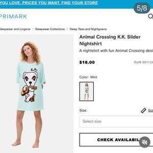 Primark Nightshirt w Animal Crossing K.K. Slider Design size XL new w half tag